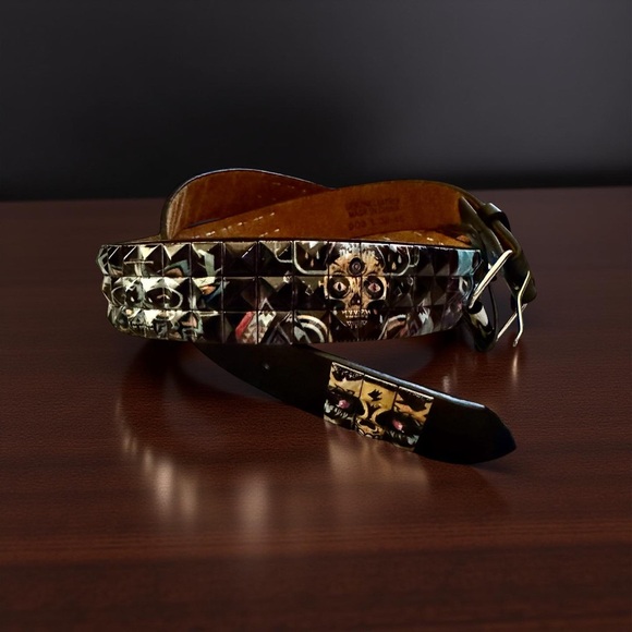 Edgy Skull Leather Belt Black Blue Yellow Streetwear Unisex Size 38-40 Statement - Picture 2 of 4